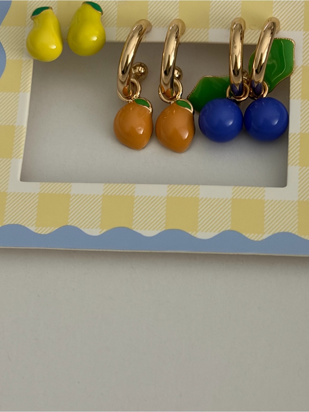 Gold Hoop Fruit Charm Earrings — Yellow Pear, Orange Mango & Blue Cherry